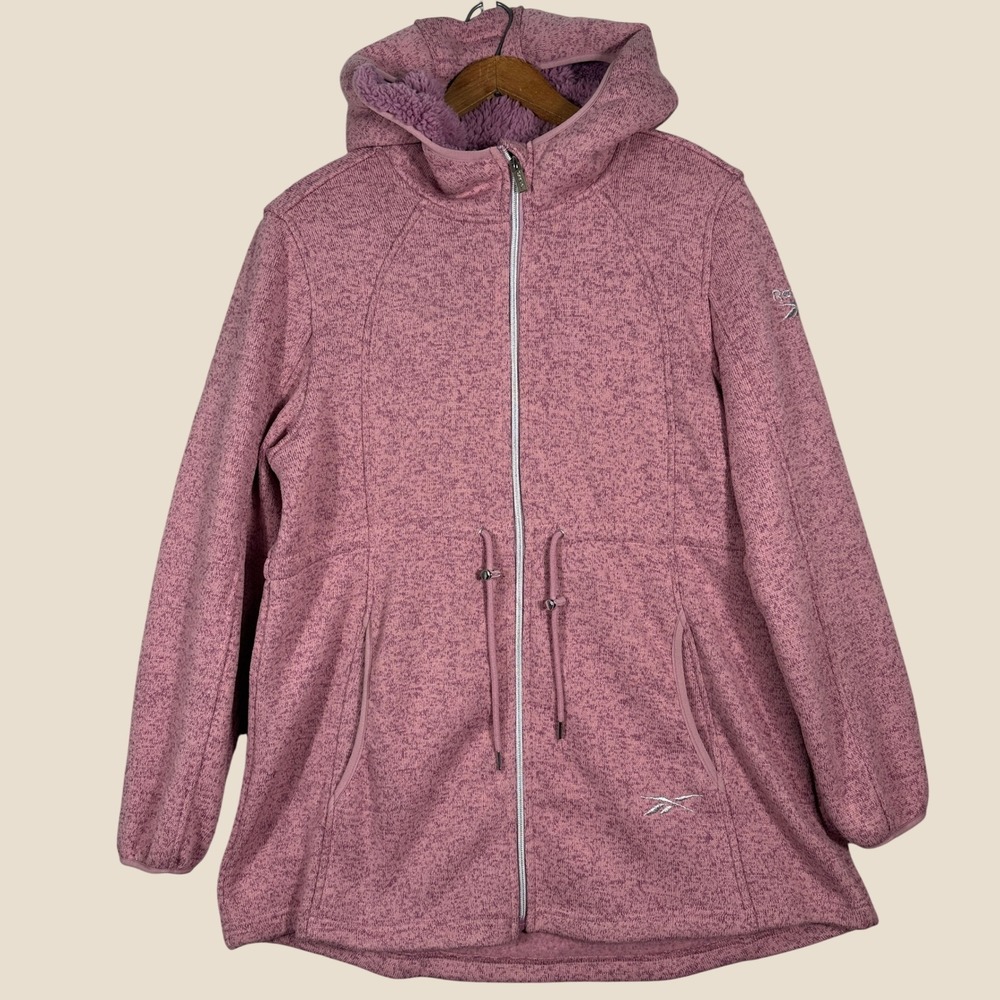 Reebok Fleece Jacket Womens XL Pink Excellent Sherpa Hood Full Zip Knit Coat